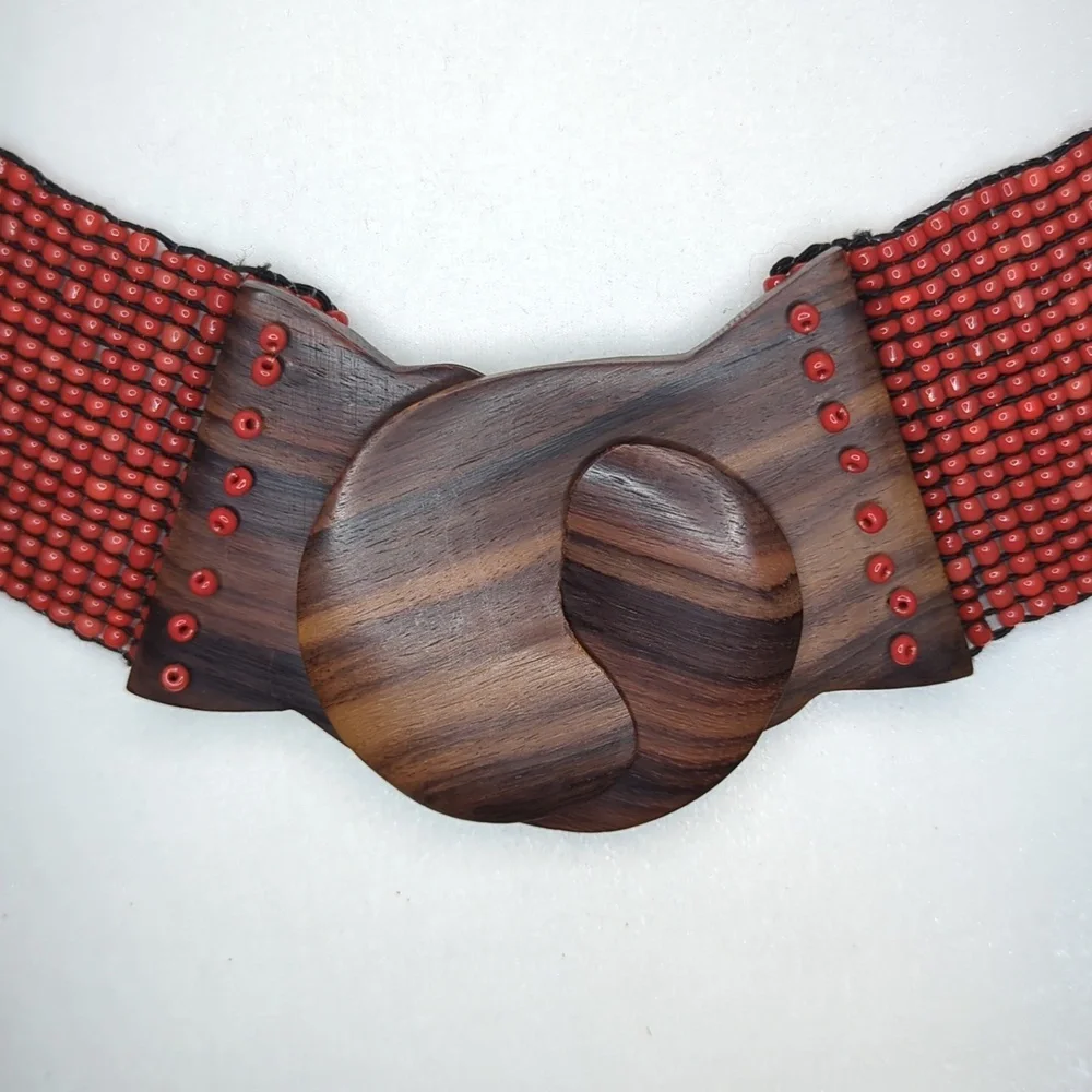 Vtg Glass Bead Wood Stretchy Elastic Belt Burnt Orange‎ Belt Women OS Bohemian